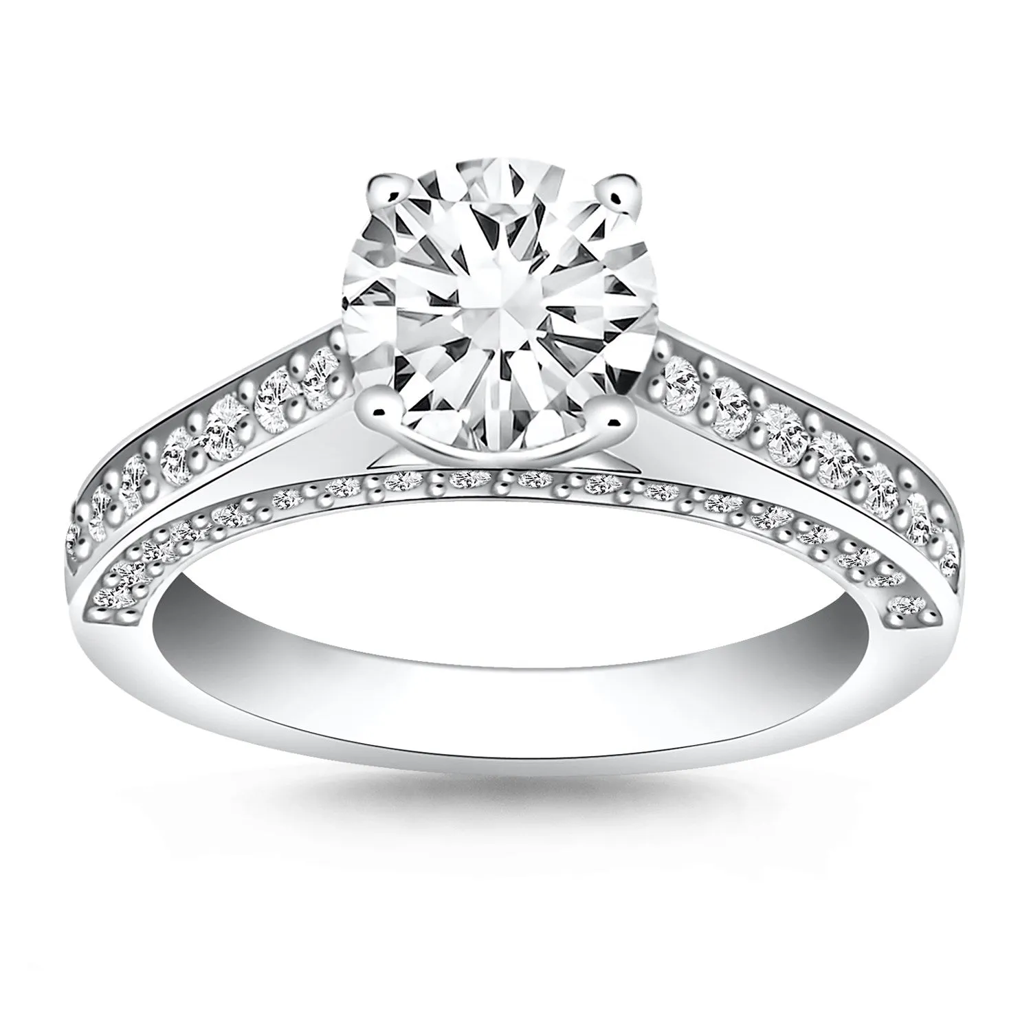 14k White Gold Pave Diamond Cathedral Engagement Ring Width 3.3 mm