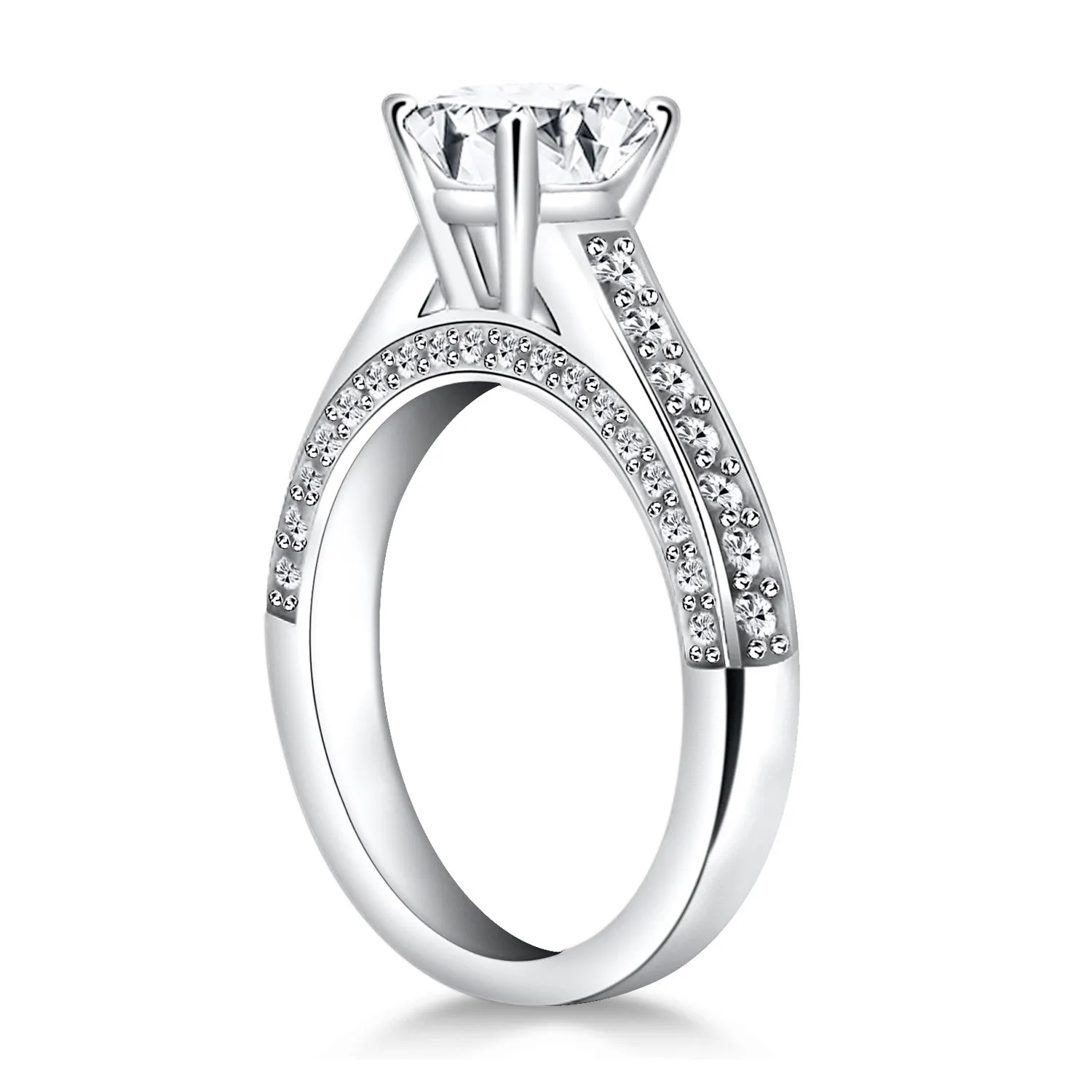 14k White Gold Pave Diamond Cathedral Engagement Ring Width 3.3 mm