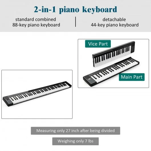 2 in 1 Attachable Digital Piano Keyboard 88/44 Touch sensitive Key w/ MIDI-Black