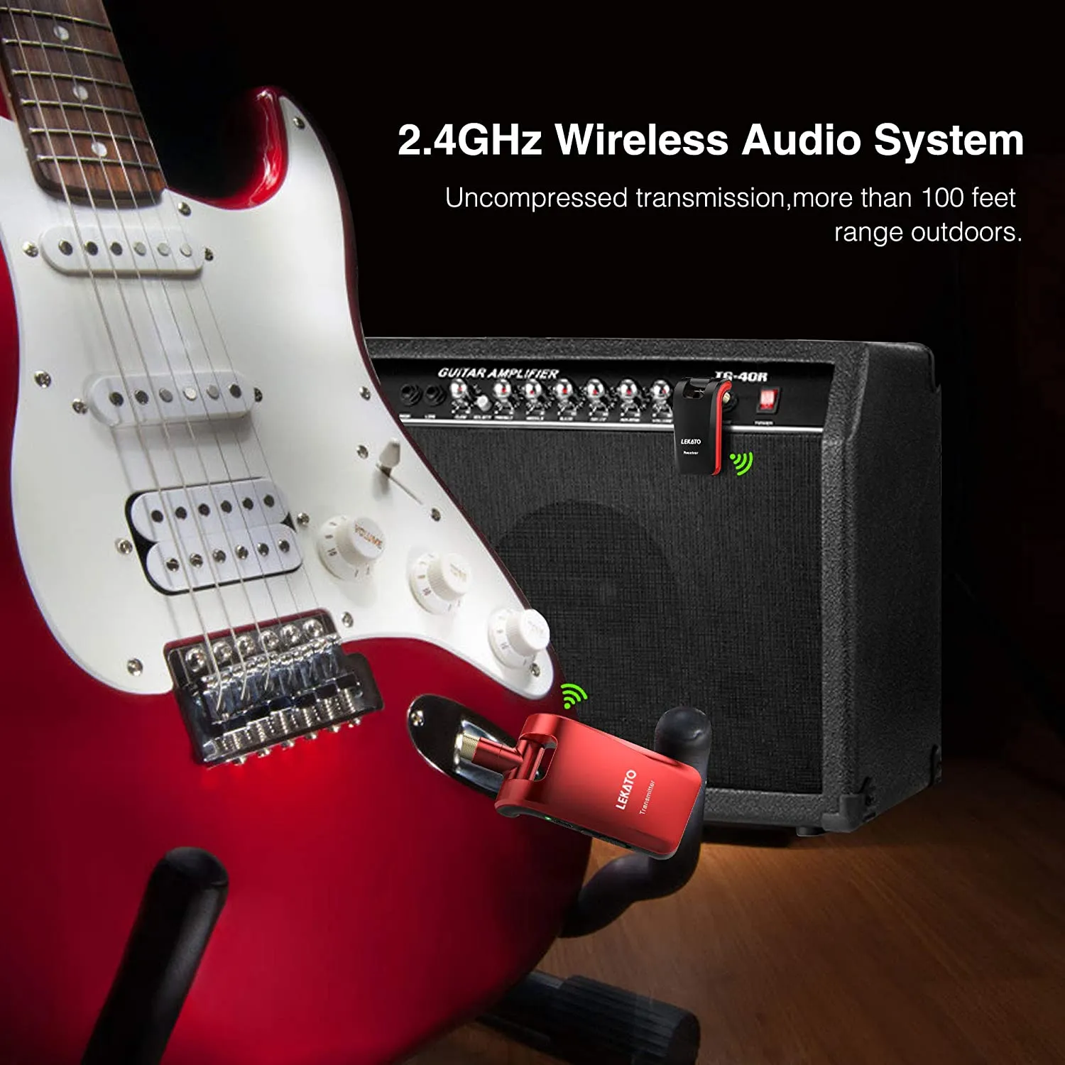 LEKATO WS-60 2.4G Wireless Guitar System Black & Red Kit Transmitter Receiver