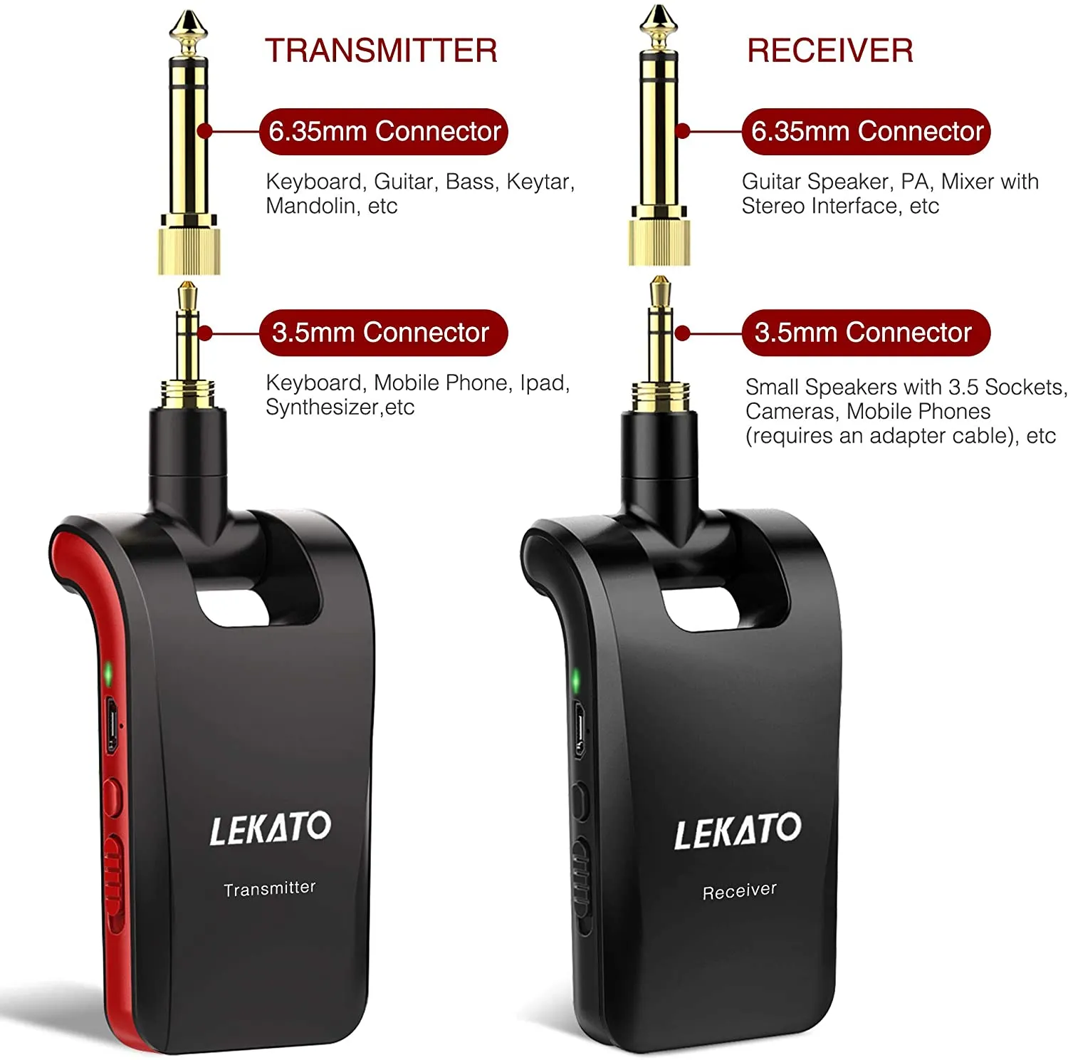 LEKATO WS-60 2.4G Wireless Guitar System Black & Red Kit Transmitter Receiver