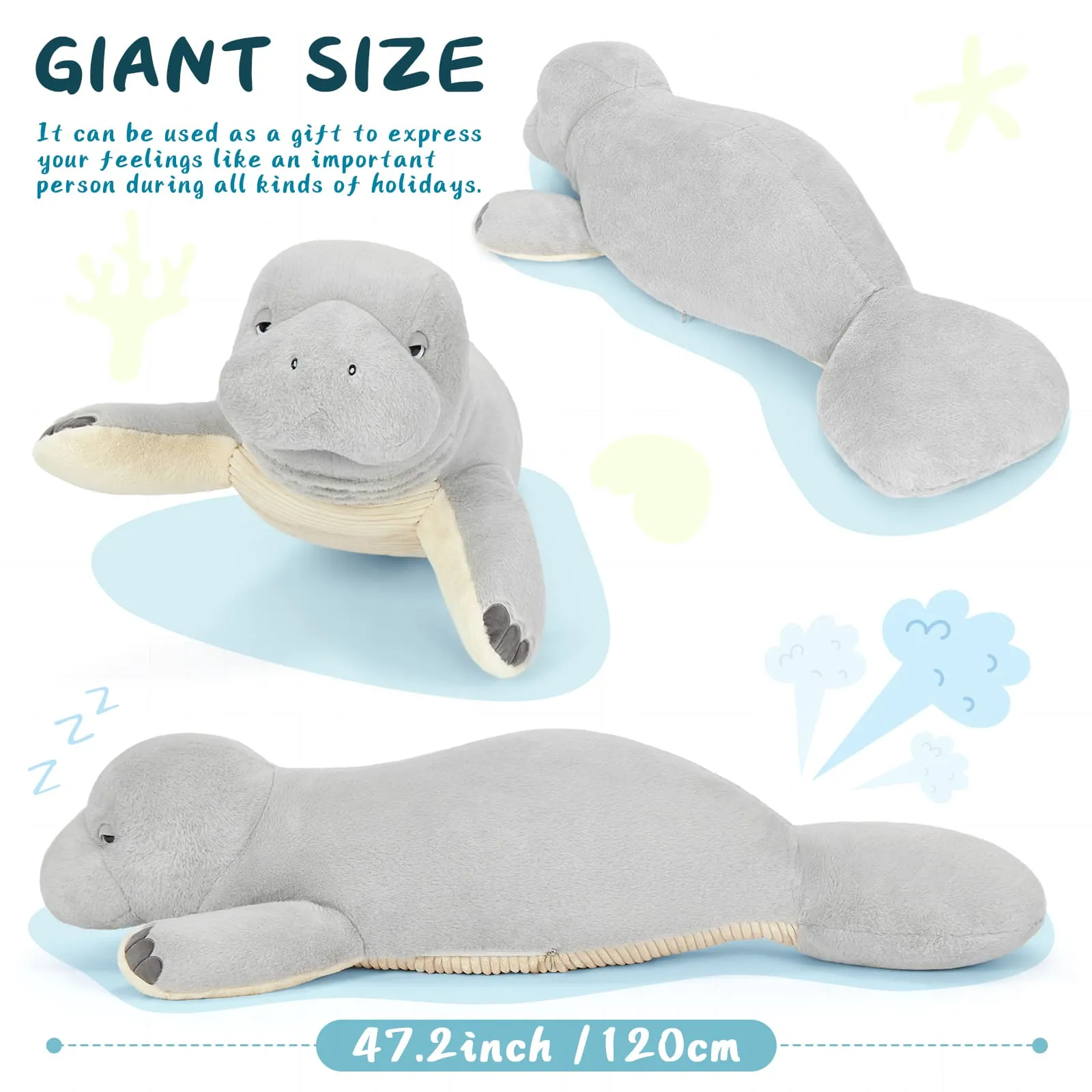 Manatee Stuffed Animals Sea Cow Plush Toys, Grey, 47 Inches