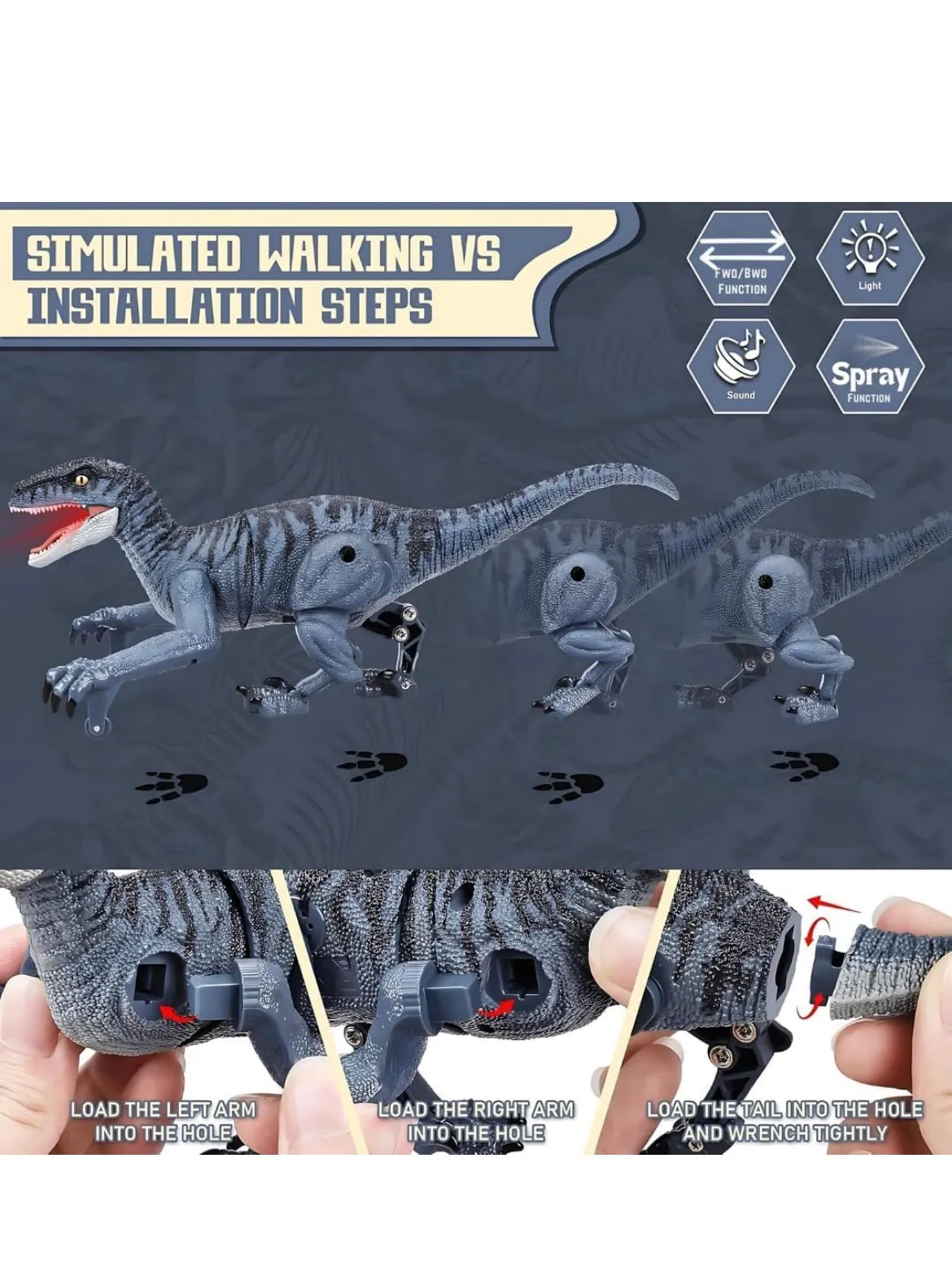 Walking Dinosaur Toys - The Realistic Veleceraptor Dinosaur Toy with Roaring Function, Simulation Flame Mist Spray and Realistic Sounds Actions Best Gift