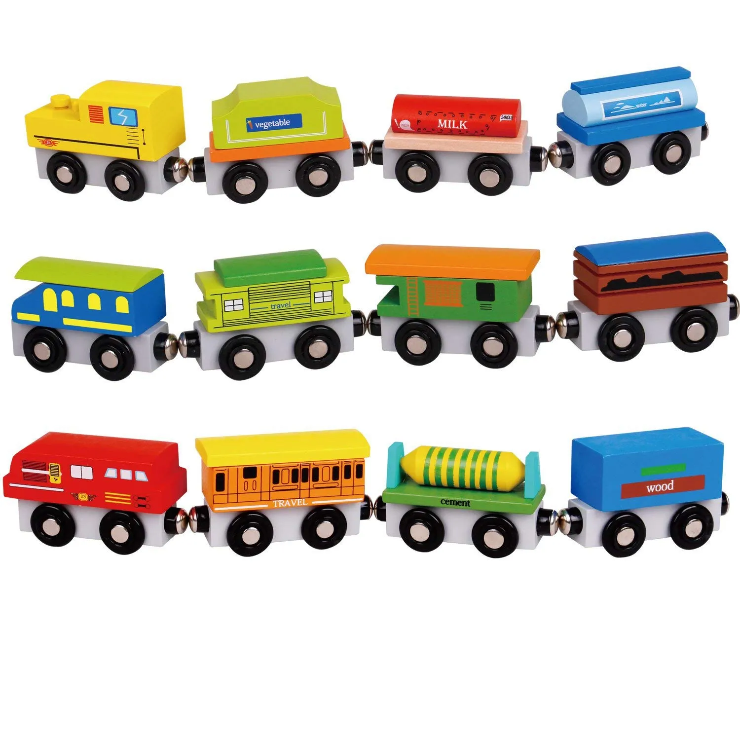 Wooden Train Set - 12 Pcs Engines Cars - Compatible with Thomas Train Set Tracks and Major Brands