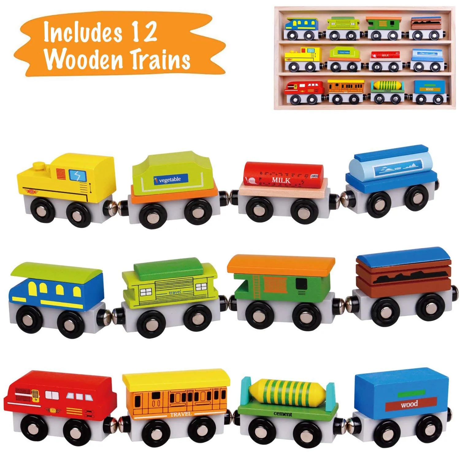 Wooden Train Set - 12 Pcs Engines Cars - Compatible with Thomas Train Set Tracks and Major Brands